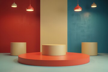 Minimalist 3D product display podium with colorful walls and hanging lights. Empty round stage for showcasing products, cosmetics, or branding. Modern, vibrant, and geometric background.