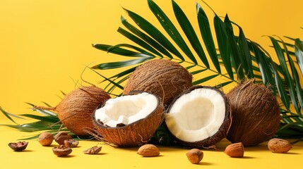 Tropical arrangement of coconuts nuts and leaves on yellow background