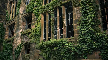 Derelict asylum with eerie, broken windows covered in ivy