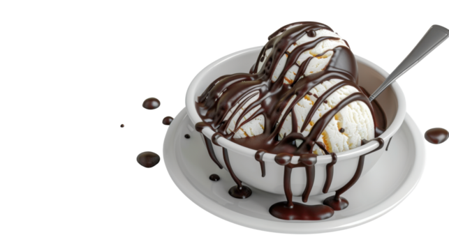 Chocolate and vanilla ice cream covered in chocolate sauce on transparent background
