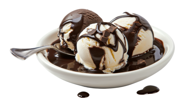 Chocolate and vanilla ice cream covered in chocolate sauce on transparent background