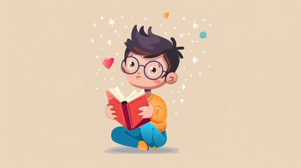 Naklejka premium Boy reading a book under a falling starry sky on beige background, concept of imagination and education