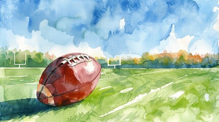 A football sits on a green field with goalposts in the distance. A watercolor painting of a classic American sport.