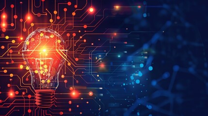 Obraz premium A glowing light bulb with circuit board pattern represents innovation, technology and bright ideas in a futuristic concept.