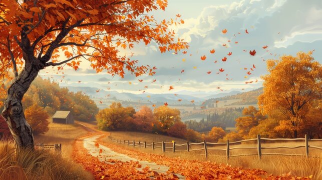 A picturesque autumn scene with a winding road, a rustic cabin, and vibrant foliage.  Leaves fall gracefully in a gentle breeze.
