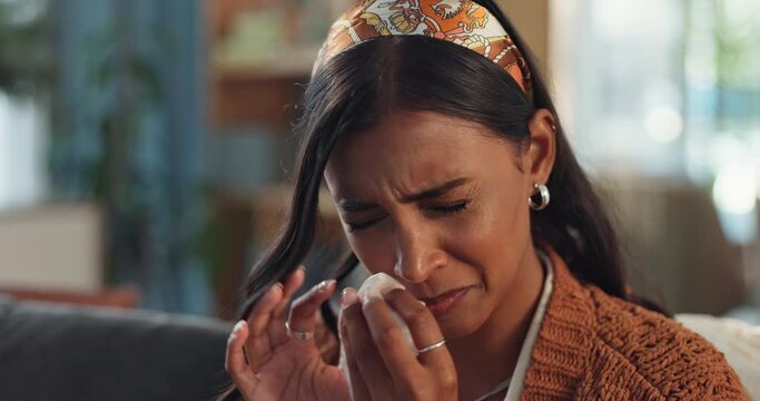 Home, sick and woman with sneeze, tissue and influenza symptoms in lounge, sinusitis disease and hayfever. Person, house and girl with winter health problem, cold virus and allergy with toilet paper