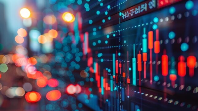Abstract financial data displayed on a screen, with a blurred city lights background.