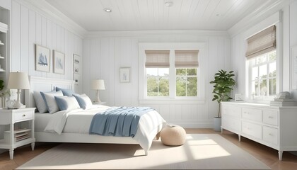 A bright and airy bedroom designed in a classic Hamptons style, with white paneled walls and a soothing coastal color palette.
