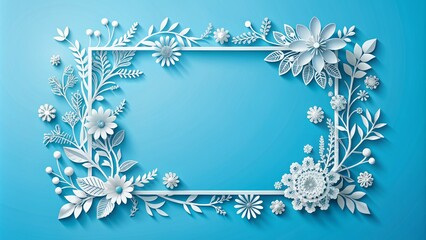 Delicate paper cutout floral frame on a bright blue background with a blank space for text on the left side.