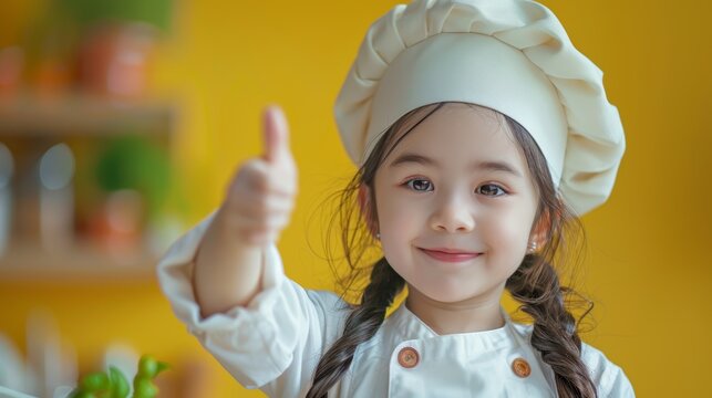 A young girl in a chef's hat gives a thumbs up, smiling confidently.  She is dressed in a white chef's uniform, ready to cook.