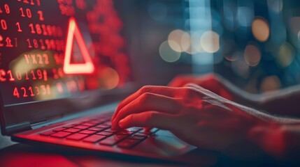 Close-up of hands typing on a laptop with a warning sign and red coding on the screen.  Cybersecurity concept.