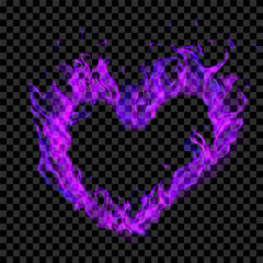 Translucent purple burning flames in the shape of a heart on transparent background. For used on dark illustrations. Transparency only in vector format