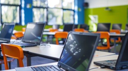 Empty computer lab with laptops on desks and orange chairs.  Modern classroom with large windows.  Technology in education.