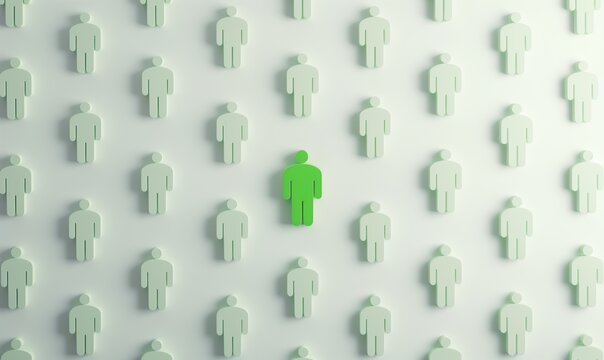 graphic illustration of many people or person icons in an array with one figure standing out in bright green, the rest in white