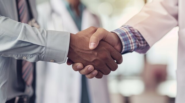 Closeup of two doctors shaking hands, demonstrating trust and collaboration in a medical setting.