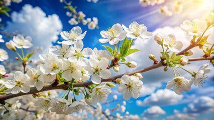 Obraz premium Delicate white blossoms of fruit tree bloom vibrantly against soft wispy blue cloudy sky on warm sunny spring morning light.