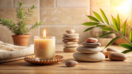 Soothing ambiance of a serene beige setup featuring aromatic candle and smooth stones, evoking cozy relaxation and wellness in home decor.