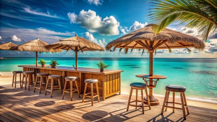 Serenely lit, isolated, tropical beach bar setup with stools, umbrellas, and nautical decor, overlooking turquoise ocean and endless horizon.