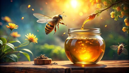 Vibrant oil-painted illustration showcases busy bee hovering above antique glass jar overflowing with golden liquid honey in warm sunlight.