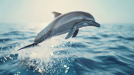 Fototapeta premium A playful dolphin leaps gracefully in the open ocean, showcasing the joyful and intelligent nature of these marine creatures.