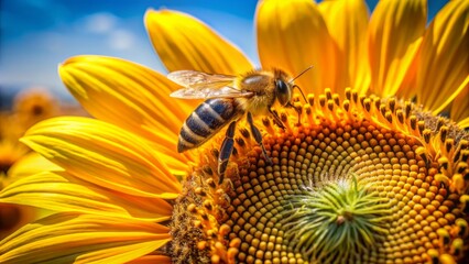 Close-up of a busy bee collecting nectar from a vibrant yellow sunflower on a bright and sunny summer day.