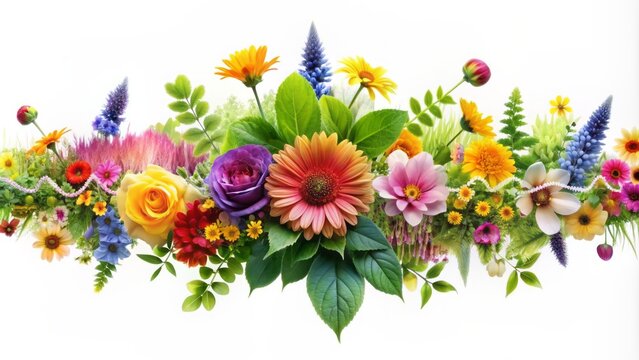 Vibrant colored flowers and greenery surround a subtle smile-inducing waveform on a transparent background, exuding warmth and serene positivity.