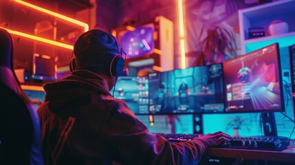 Obraz premium E-sports gamer in a neon-lit room with multiple monitors
