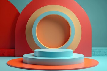 Fototapeta premium Minimalist 3D product display podium. Geometric background with cylinder stand on a colorful backdrop. Concept of showcase, exhibition, and presentation.