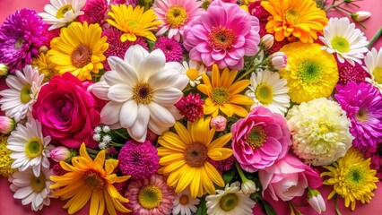 Vibrant colorful arrangement of pink, white, and yellow flowers sprawled across a bright pink background wall, exuding warmth and elegance.