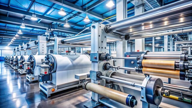 Modern industrial printing machinery with intricate transfer rollers, ink reservoirs, and precision gears in a clean factory setup.