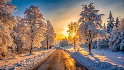 Frozen winter landscape with snow-covered trees lining a deserted road, illuminated by soft warm light of a setting sun.