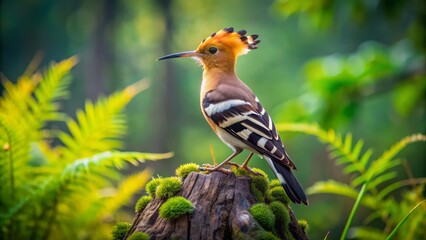 Fototapeta premium A solitary hoopoe perches atop a weathered stump, surrounded by lush greenery, in a serene and idyllic forest landscape.