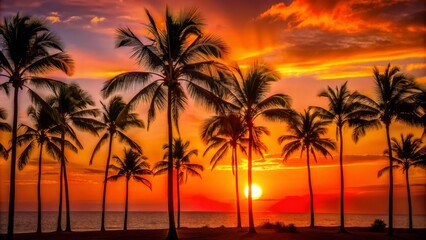 Vibrant orange-red sun dipping below horizon casts warm glow on slender palm tree silhouettes against serene twilight sky.
