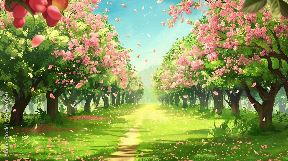 Poster A digital painting depicting a sunny spring day with a path leading through a grove of cherry trees in full bloom. Generative AI