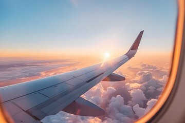 Obraz premium Airplane Wing view, Enchanting Aerial View of the window plane, Breathtaking Journey above the Clouds