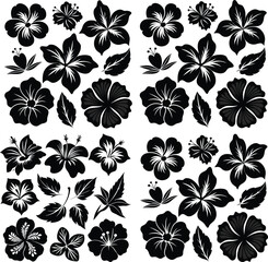 flower plant design background tropical black summer graphic element set white floral isolated art silhouette exotic botanical decoration drawing leaf vector illustration nature