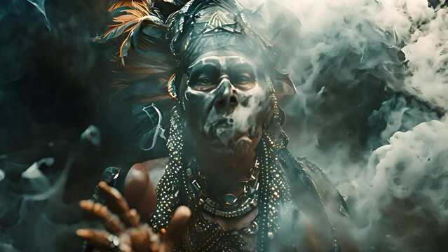 Mystical Shaman with Smoke and Feathers with Ai generated.
