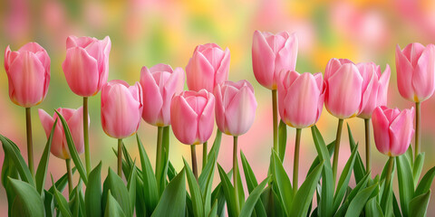 Fototapeta premium A row of vibrant pink tulips in full bloom, with lush green leaves, set against a soft, multicolored background