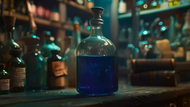 Glass Bottle with Blue Potion in Old Apothecary with Ai generated.

