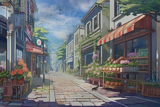 A charming street scene with quaint shops, cobblestone road, and a clear blue sky, evoking a serene and picturesque atmosphere