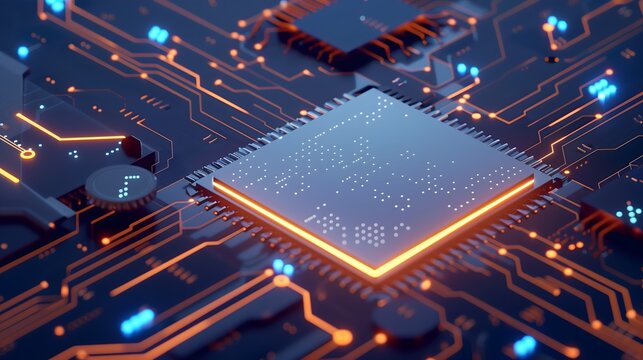 A computer chip is shown in a close up with a bright orange glow. The chip is surrounded by a network of wires and circuits, giving the impression of a complex and intricate system. AI generated.
