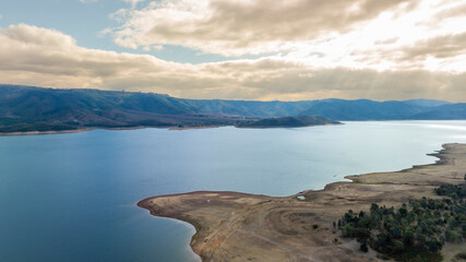 Drone aerial photograph of the Tumut River and Blowering Reservoir in the Snowy Mountains region between the towns of Tumut and Talbingo in the Kosciuszko National Park in New South Wales, Australia.