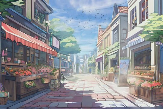 A charming street scene with quaint shops, cobblestone road, and a clear blue sky, evoking a serene and picturesque atmosphere