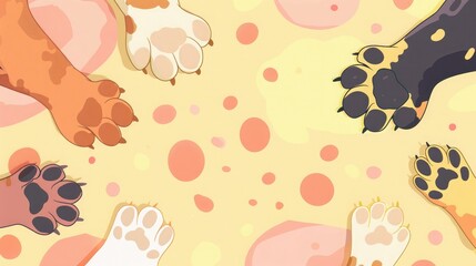 Fototapeta premium Colorful illustration of various cat paws with different fur patterns and colors, creating a playful and lively frame over a spotted background.