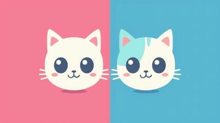 Cute and colorful  illustration of two kawaii cat faces on pink and blue backgrounds. Perfect for kids' designs and playful themes.