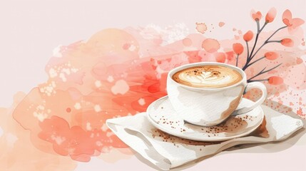 Elegant watercolor illustration of a coffee cup with latte art on a pink floral background, perfect for decor or design projects.