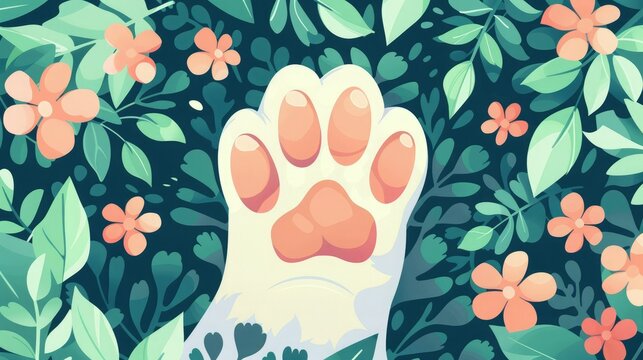 Colorful illustration of a cat paw amidst lush green foliage and vibrant flowers, creating a whimsical and playful scene.