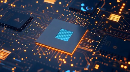 A computer chip is shown in a close up of a circuit board. The chip is blue and orange. AI generated. A computer chip with a blue center and orange edges. The chip is surrounded by a black background.