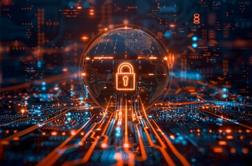 Digital lock symbolizing cyber security on circuit board backdrop.