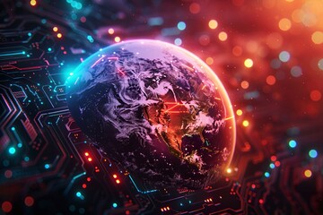 Obraz premium Earth enveloped by luminous circuitry, illustrating the fusion of nature and technology.